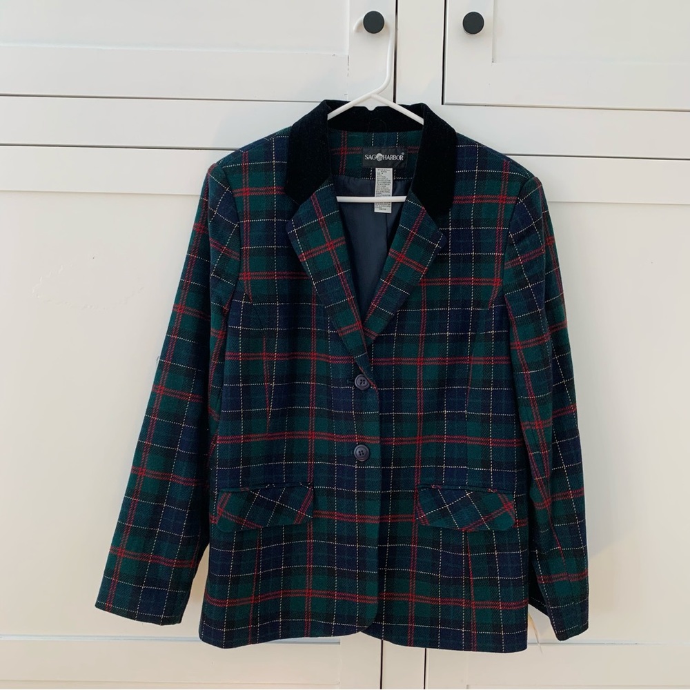 Sag Harbor Wool Blend Green/Red/ Blue Flanel Velvet Collar Blazer Size 14